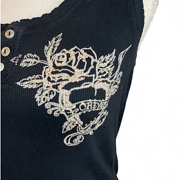 Y2K black rhinestone tank top bling roses and heart biker motorcycle casual - Picture 2 of 7